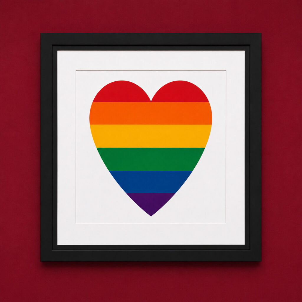pride month rainbow heart art custom framed in San Francisco